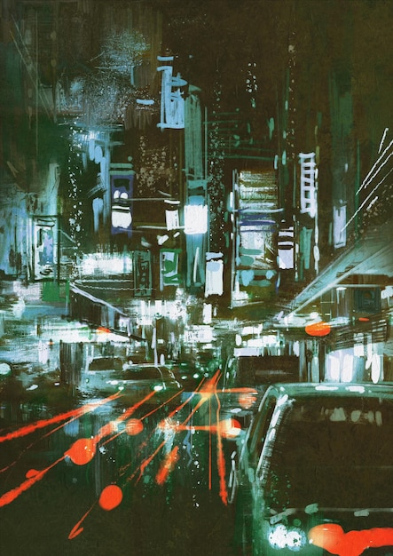 painting of car taillights on a city street at night