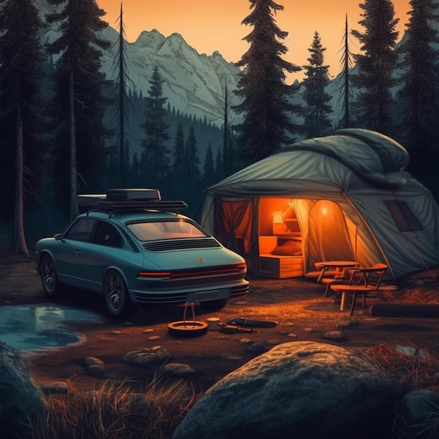 A painting of a car and tent in a forest.