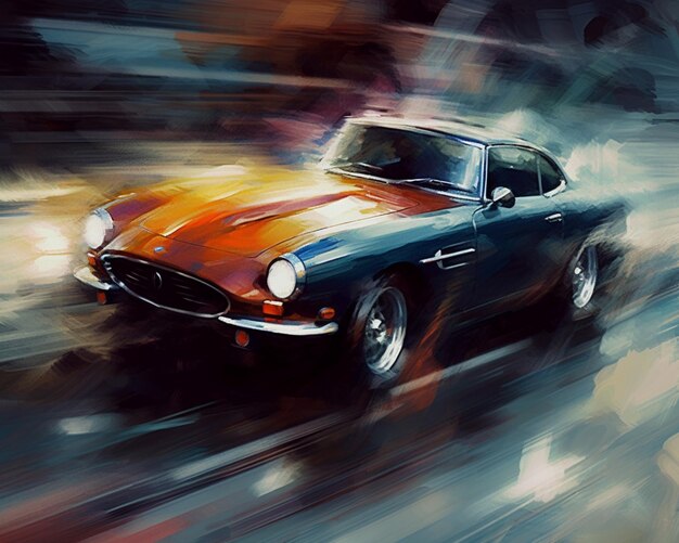 A painting of a car that is blue and red