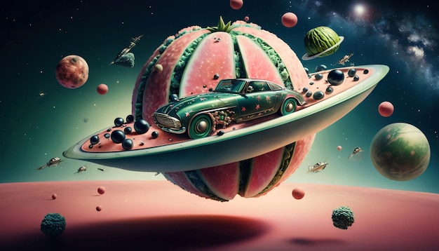 A painting of a car and a watermelon