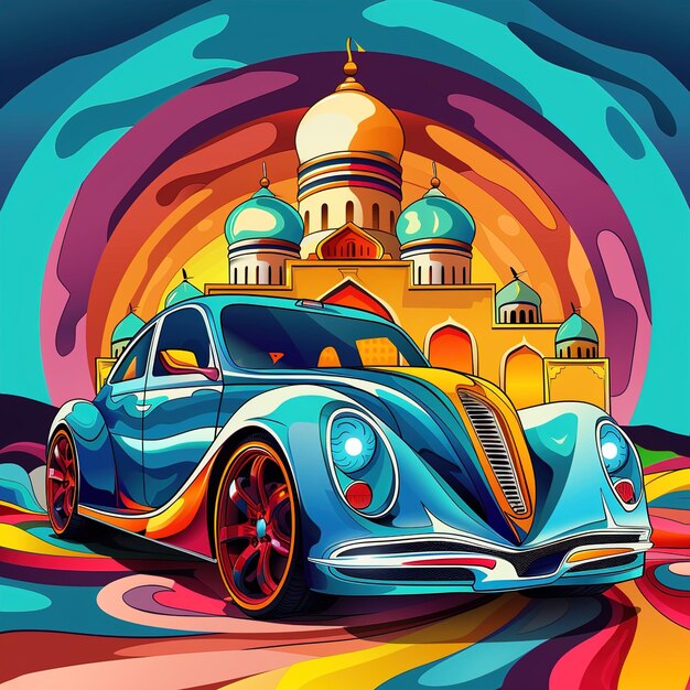 a painting of a car with a blue car in the background