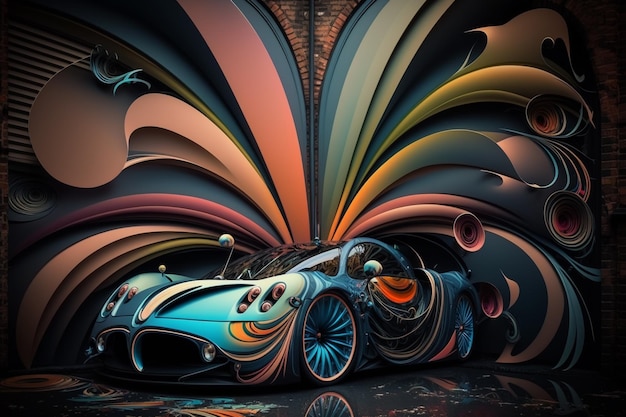 A painting of a car with a blue paint job and the words " porsche " on the bottom.