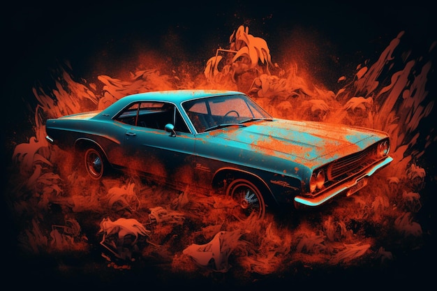 A painting of a car with a fire background.