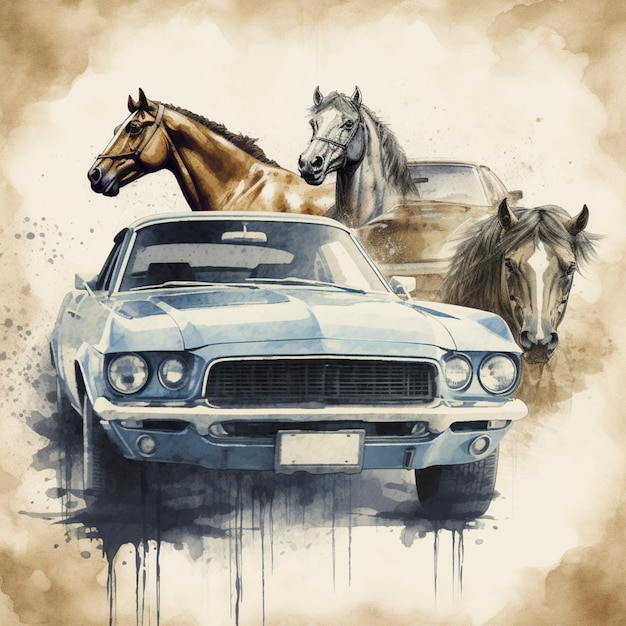 A painting of a car with horses on it