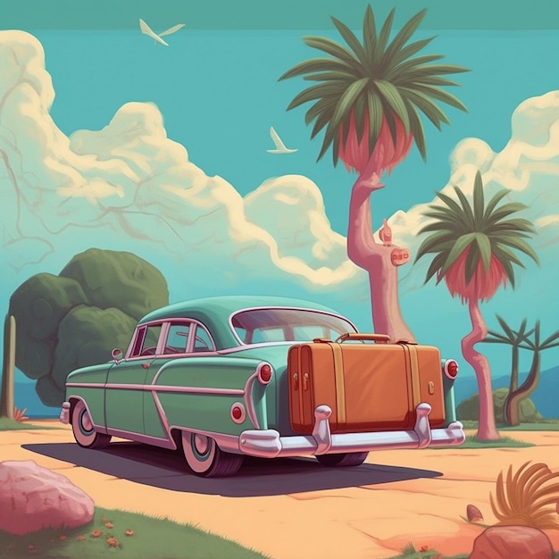 A painting of a car with a suitcase on the back