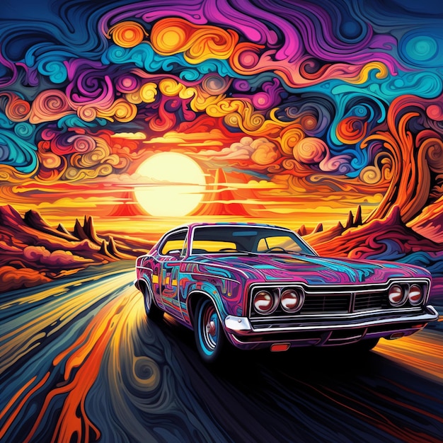 A painting of a car with the sun behind it