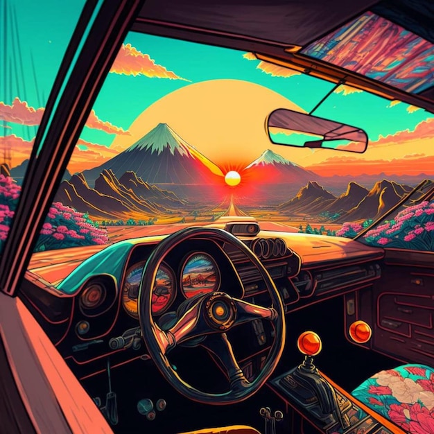 A painting of a car with a view of mountains and the sun