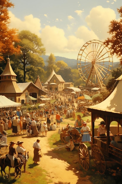A painting of a carnival with a ferris wheel in the background