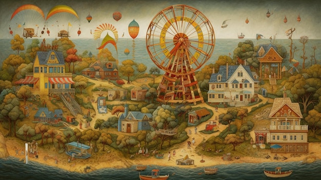 A painting of a carnival with a ferris wheel and a house on the right