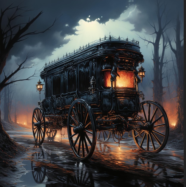 a painting of a carriage with a fire on the back