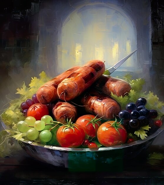 A painting of carrots and grapes in a bowl PNG Transparent Generative AI