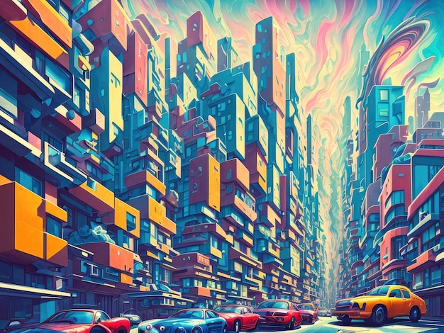 A painting of cars in a city with a colorful background.