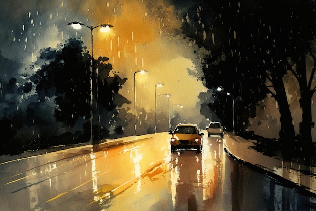 A painting of cars on a rainy night