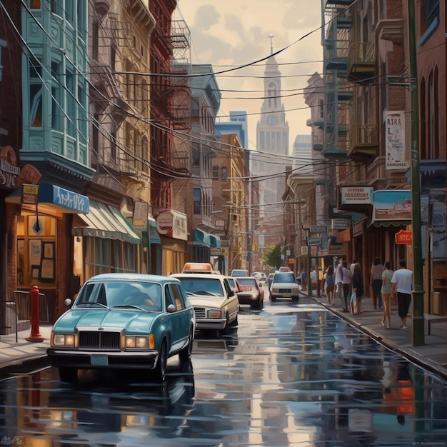 A painting of cars on a wet street with a sign for the restaurant.