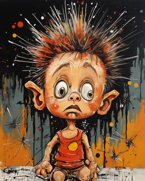 Painting of a cartoon boy with a mohawk sitting on a skateboard generative ai