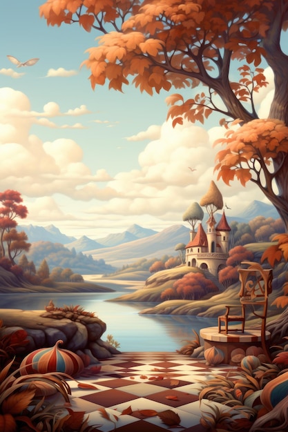 A painting of a castle by a lake ai