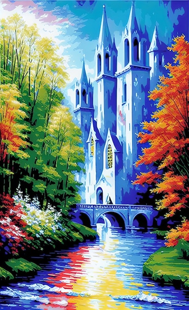 A painting of a castle by the lake