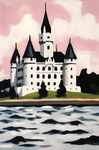 Photo a painting of a castle by the water