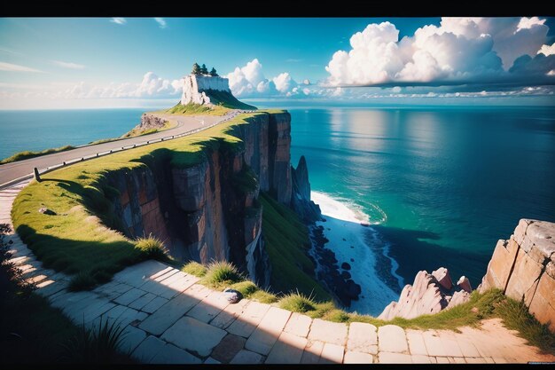 A painting of a castle on a cliff overlooking the ocean.