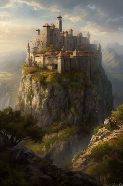 painting of a castle on a cliff with a mountain in the background generative ai
