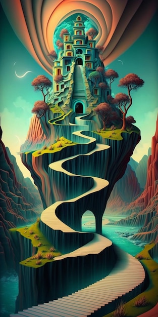 Painting of castle on cliff with stairs going up to it generative ai