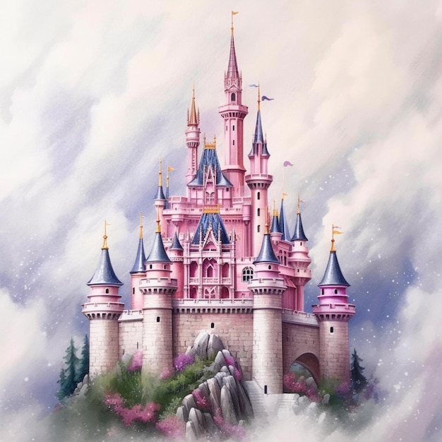 Photo painting of a castle in the clouds with a pink tower generative ai