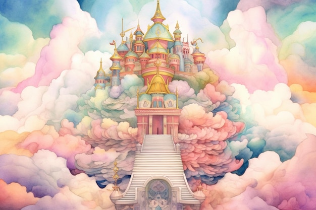 Painting of a castle in the clouds with a staircase leading up to it generative ai