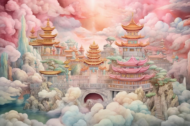 Painting of a castle in the clouds with a waterfall in the foreground generative ai