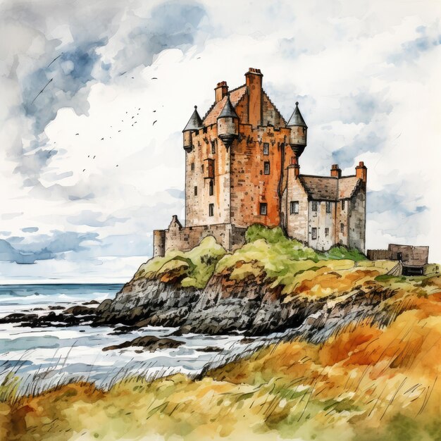 a painting of a castle on a cloudy day.