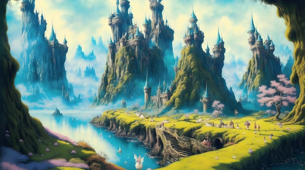 A painting of a castle in a fantasy landscape.