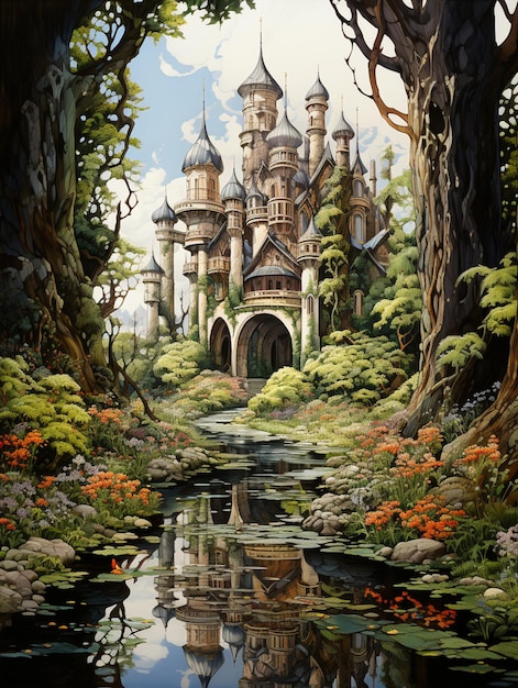 painting of a castle in a forest with a pond and trees generative ai