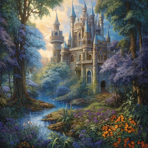 Painting of a castle in a forest with a river and flowers generative ai