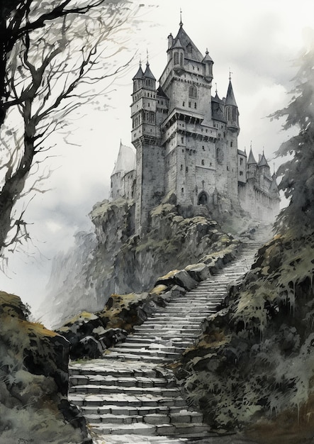 painting of a castle on a hill with a steep path generative ai