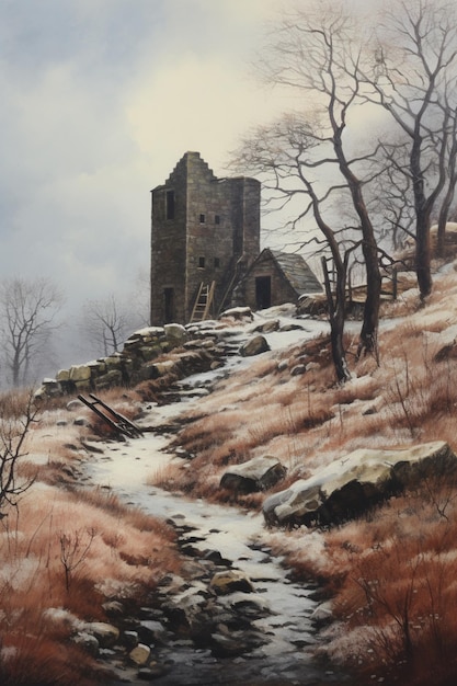 painting of a castle on a hill with a stream running through it generative ai