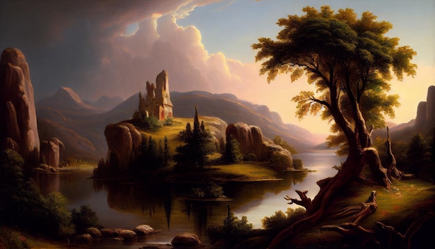 A painting of a castle on a lake with clouds in the background.