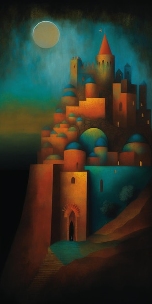 Painting of a castle like structure with moon in the sky generative ai