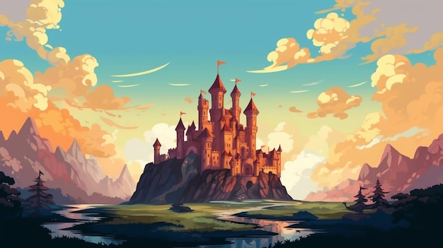 A painting of a castle in the middle of a mountain generative ai