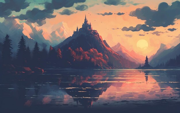 Painting of a castle on a mountain overlooking a lake at sunset generative ai