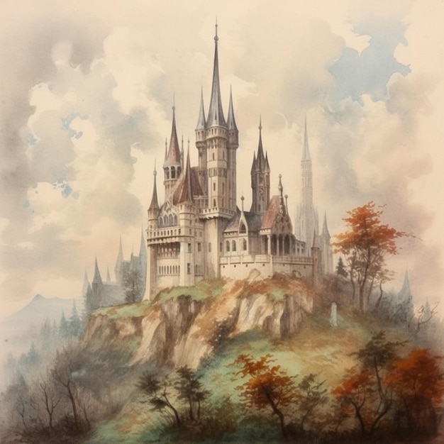 A painting of a castle on a mountain with the name castle on it