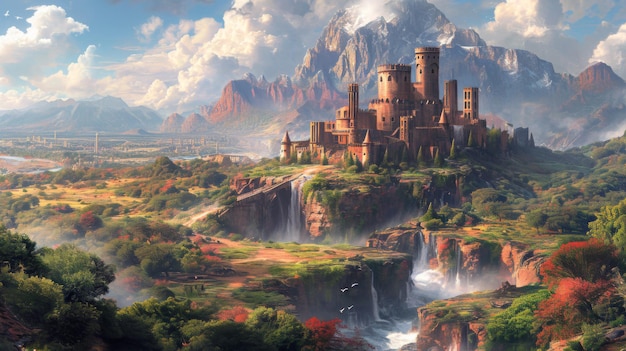 A painting of a castle in the mountains with trees and water ai