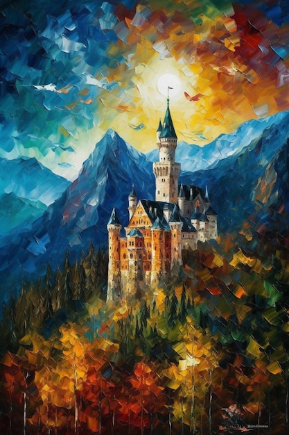 A painting of a castle in the mountains