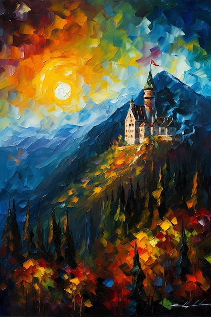 A painting of a castle in the mountains