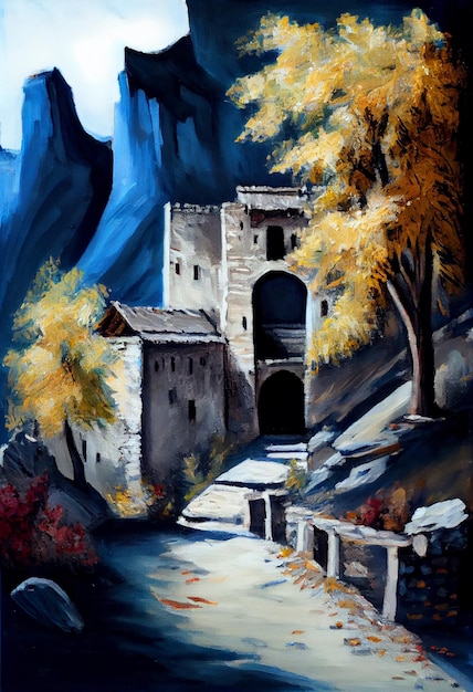 A painting of a castle in the mountains