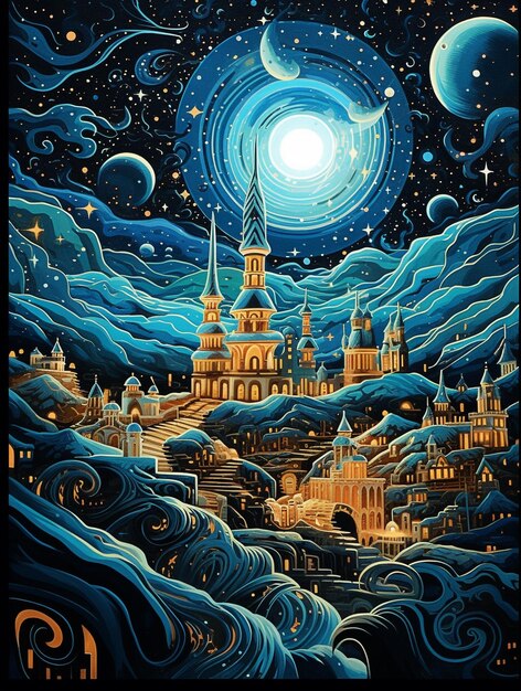 A painting of a castle in the night sky with the moon above it.