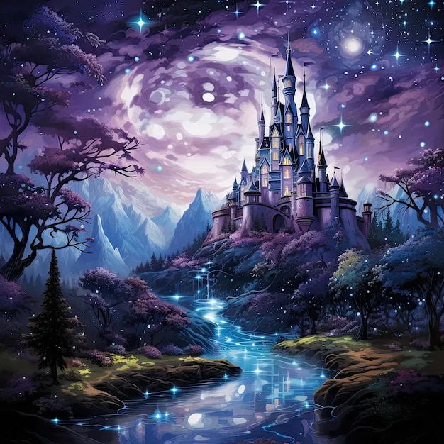 A painting of a castle in the night