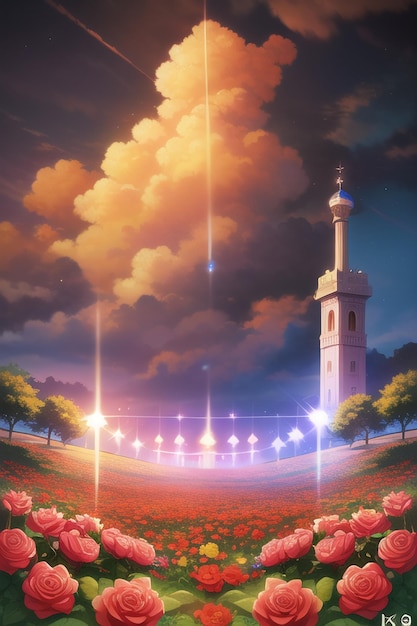 Картина замка в небе с башней на заднем плане.