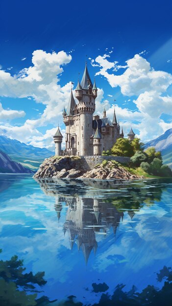 Painting of a castle on a small island in the middle of a lake generative ai