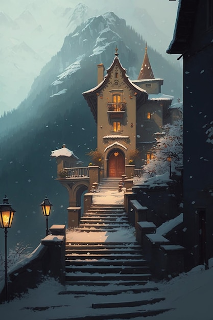 Painting of a castle in the snow generative ai