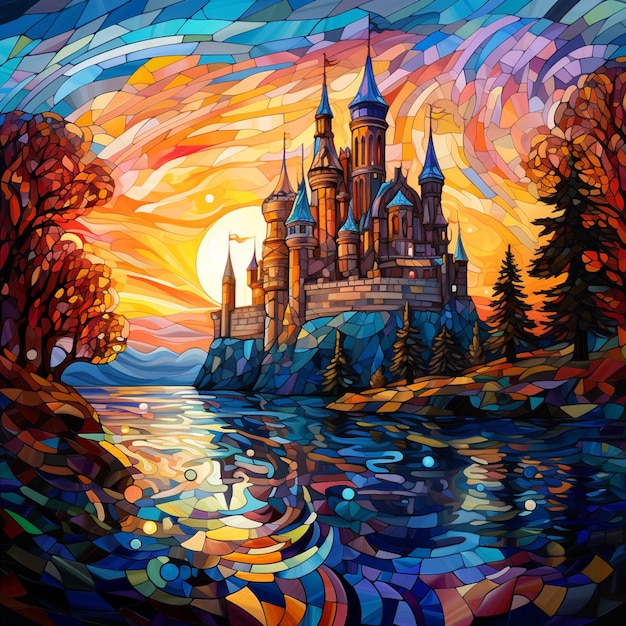 A painting of a castle in a stained glass window with a sunset generative ai