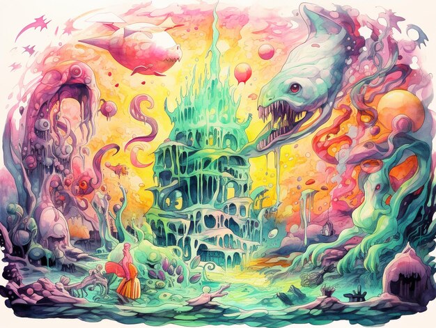 painting of a castle surrounded by sea creatures and other creatures generative ai